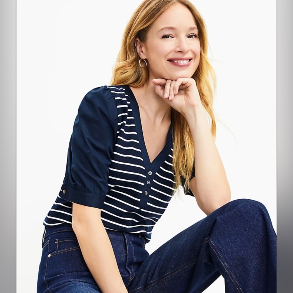 LOFT NWT Striped Henley Mixed Media Top